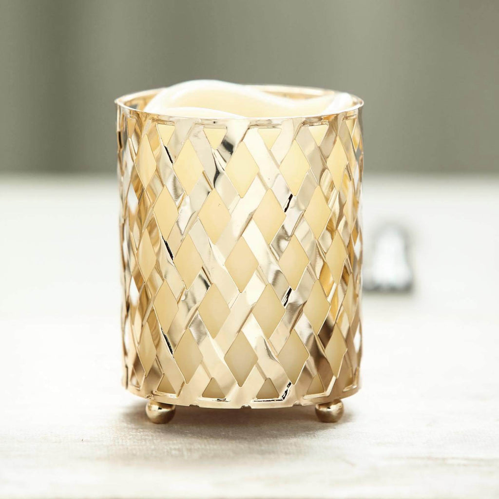 2-Pack Votive Candle Holders Gold Metal Diamond Cut Geometric Design - Perfect for Home DÃ©cor and Events 4"