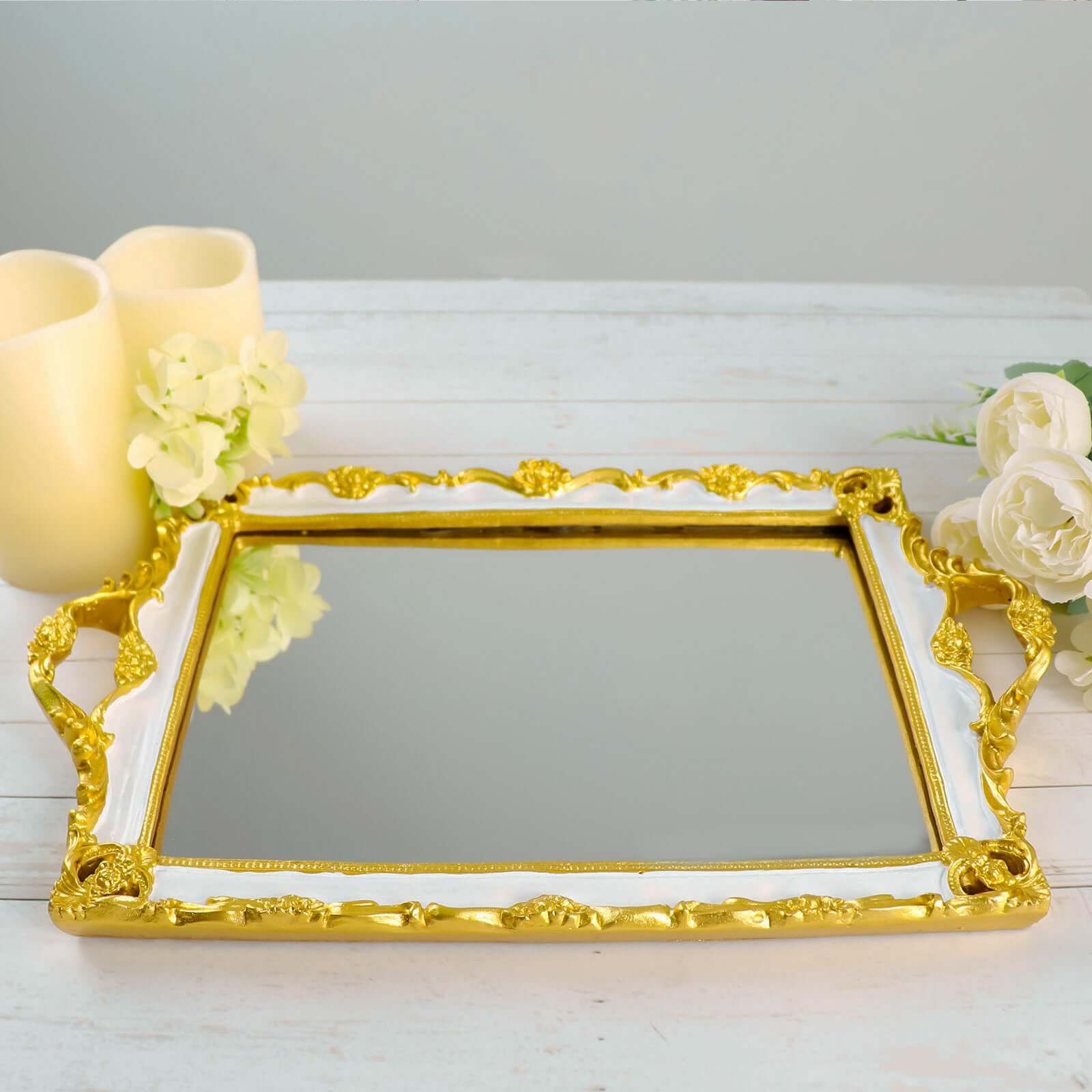 Resin Mirrored Rectangle Serving Tray 15"x10" in White with Gold Baroque Design, Stylish Decorative Vanity Tray Centerpiece