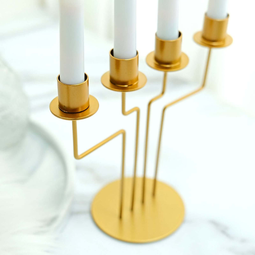 2-Pack Geometric Taper Candelabra 4 Arm Design Gold Metal Decorative Centerpiece - Perfect for Events 8"