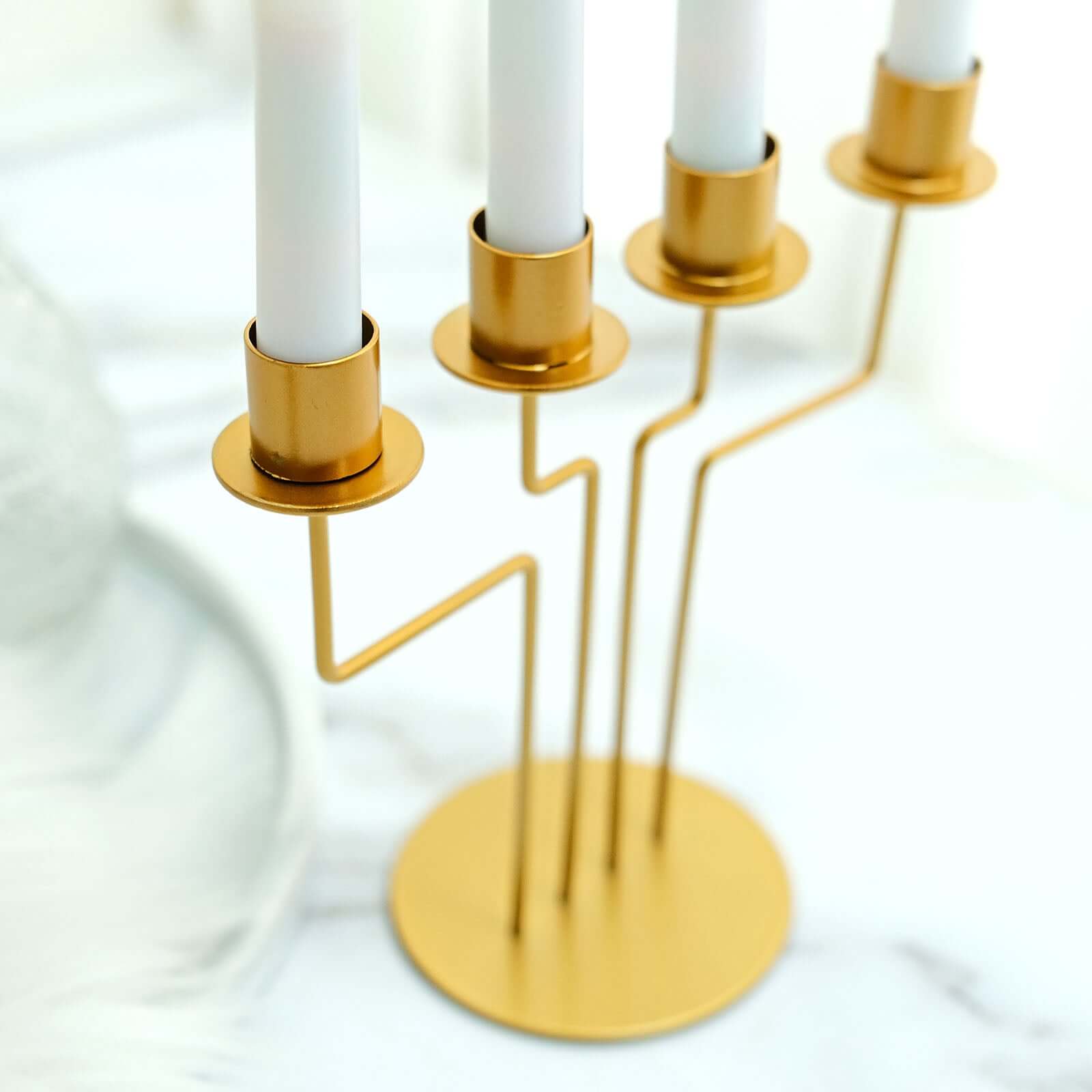 2-Pack Geometric Taper Candelabra 4 Arm Design Gold Metal Decorative Centerpiece - Perfect for Events 8"