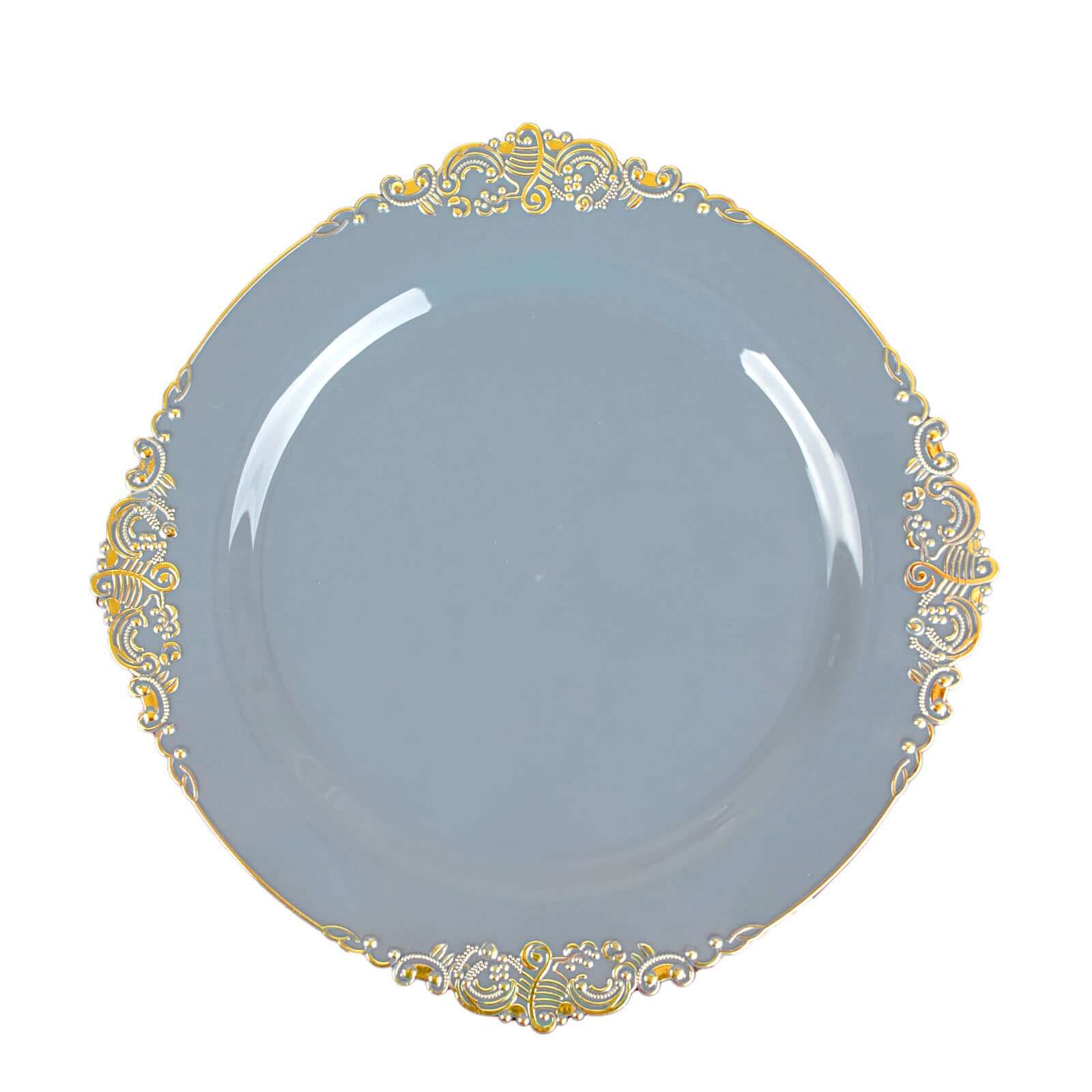 10-Pack Plastic 8" Round Dessert Plates in Dusty Blue with Gold Leaf Embossed Rim - Disposable Vintage Baroque Style Salad Plates