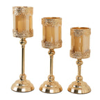 Set of 3 Lace Votive Candle Stands Antique Gold with Hurricane Glass Shades - Refined Pillar Candle Holders 13", 15", 17"