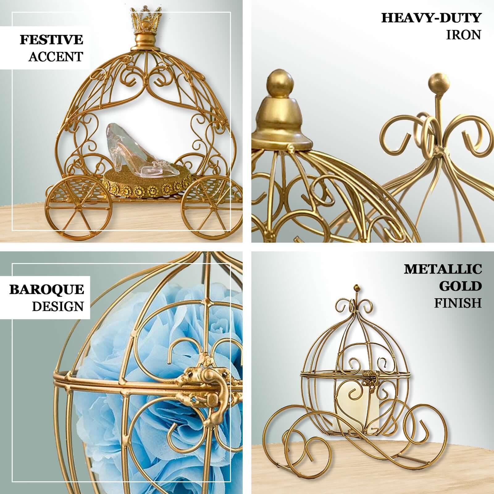 Pumpkin Carriage Table Centerpiece Gold Wrought Iron Wedding Display - Vintage Decor 11"