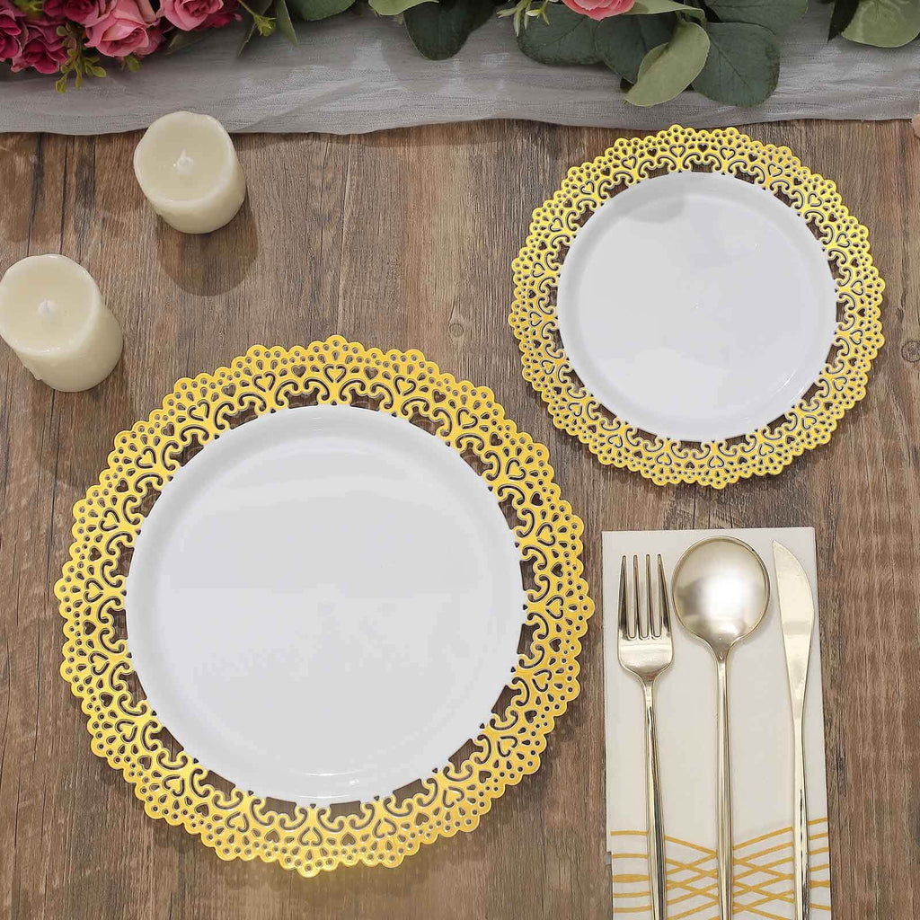 10-Pack Plastic 10" Round Dinner Plates in White with Gold Lace Rim - Disposable Party Plates for Classy Events & Banquets