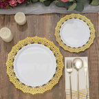 10-Pack Plastic 10" Round Dinner Plates in White with Gold Lace Rim - Disposable Party Plates for Classy Events & Banquets