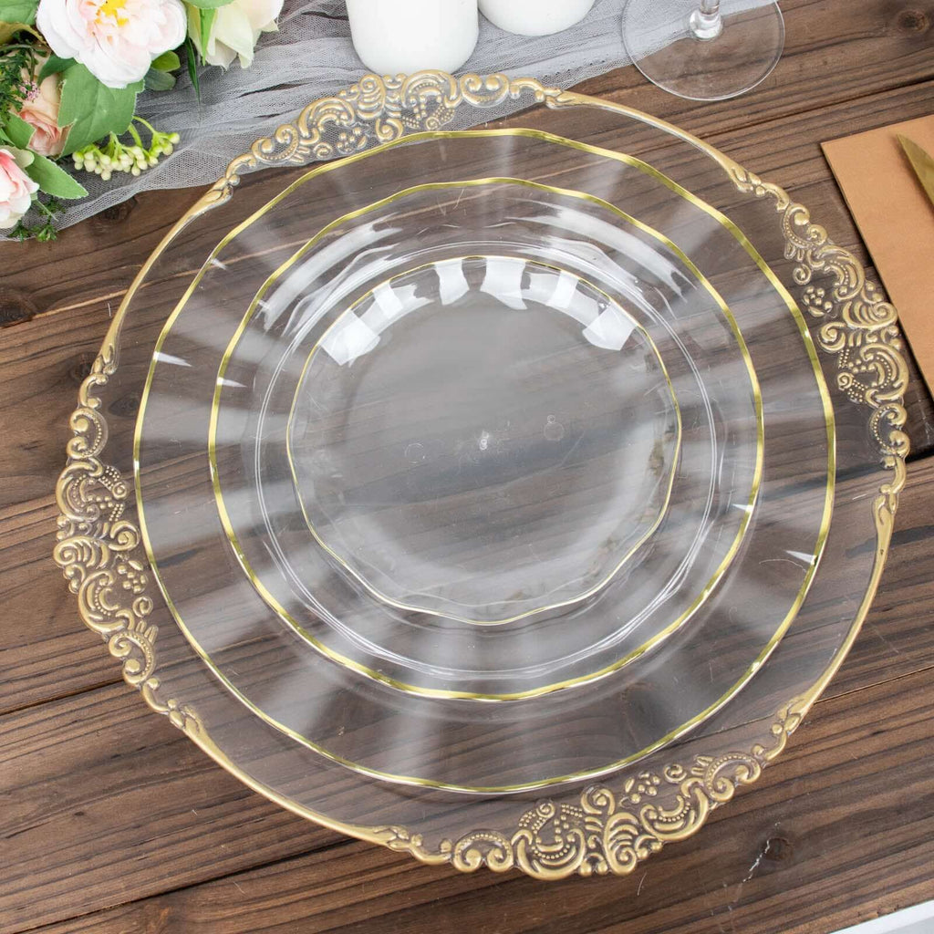 10-Pack Plastic Round 6" Dessert Plates in Clear Ruffled Rim with Gold Edging - Sturdy Disposable Salad Appetizer Dinnerware