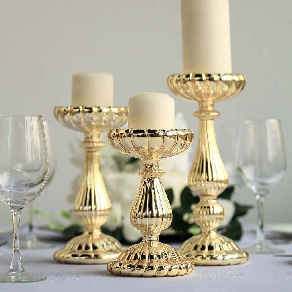 Set of 3 Candle Holder Stands Gold Mercury Glass Pillar Design - Stylish Votive Centerpieces for Tables & Decor 7", 8", 10"