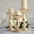 Set of 3 Candle Holder Stands Gold Mercury Glass Pillar Design - Stylish Votive Centerpieces for Tables & Decor 7", 8", 10"