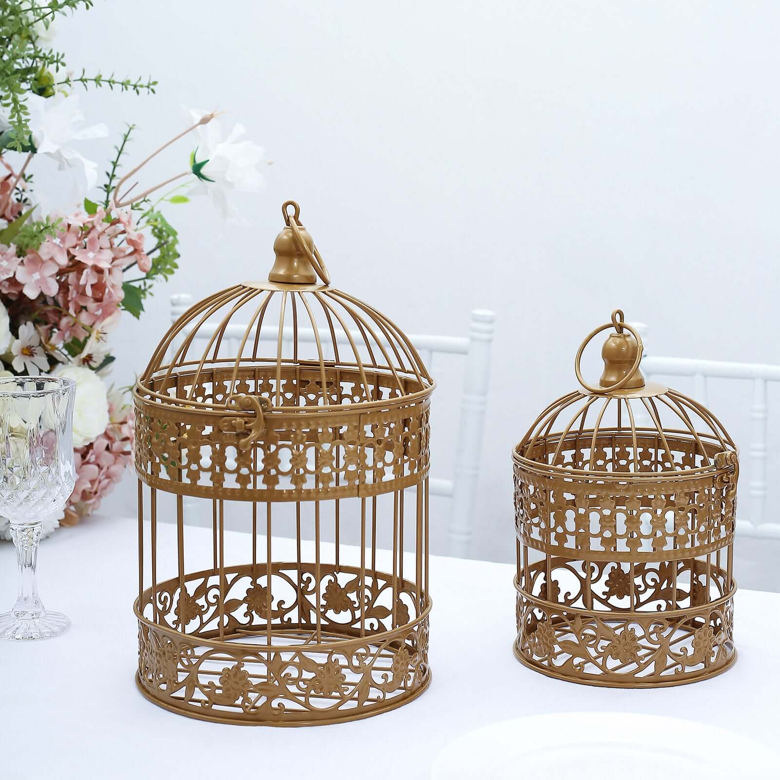 Set of 2 Card Holders Wrought Iron Bird Cage Design Metallic Gold - Decorative Display Stand 9"/13"
