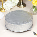 Metal 14" Round Cake Pedestal Stand Matte Silver - Cupcake Dessert Display Riser with Intricate Embossed Design for Upscale Events & Gatherings