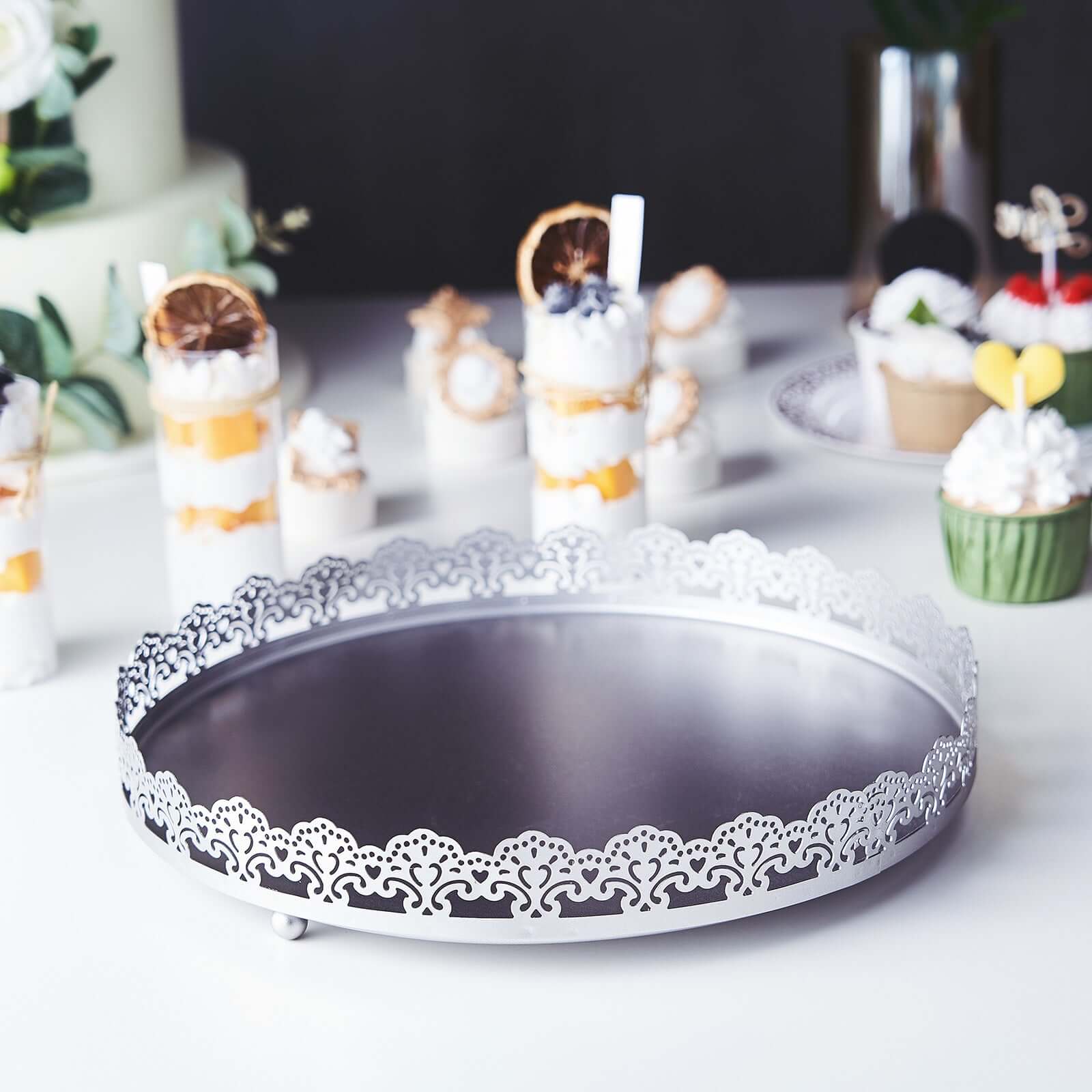 Metal Round Serving Tray 12" in Silver with Embellished Rims, Stylish Decorative Vanity Tray Centerpiece