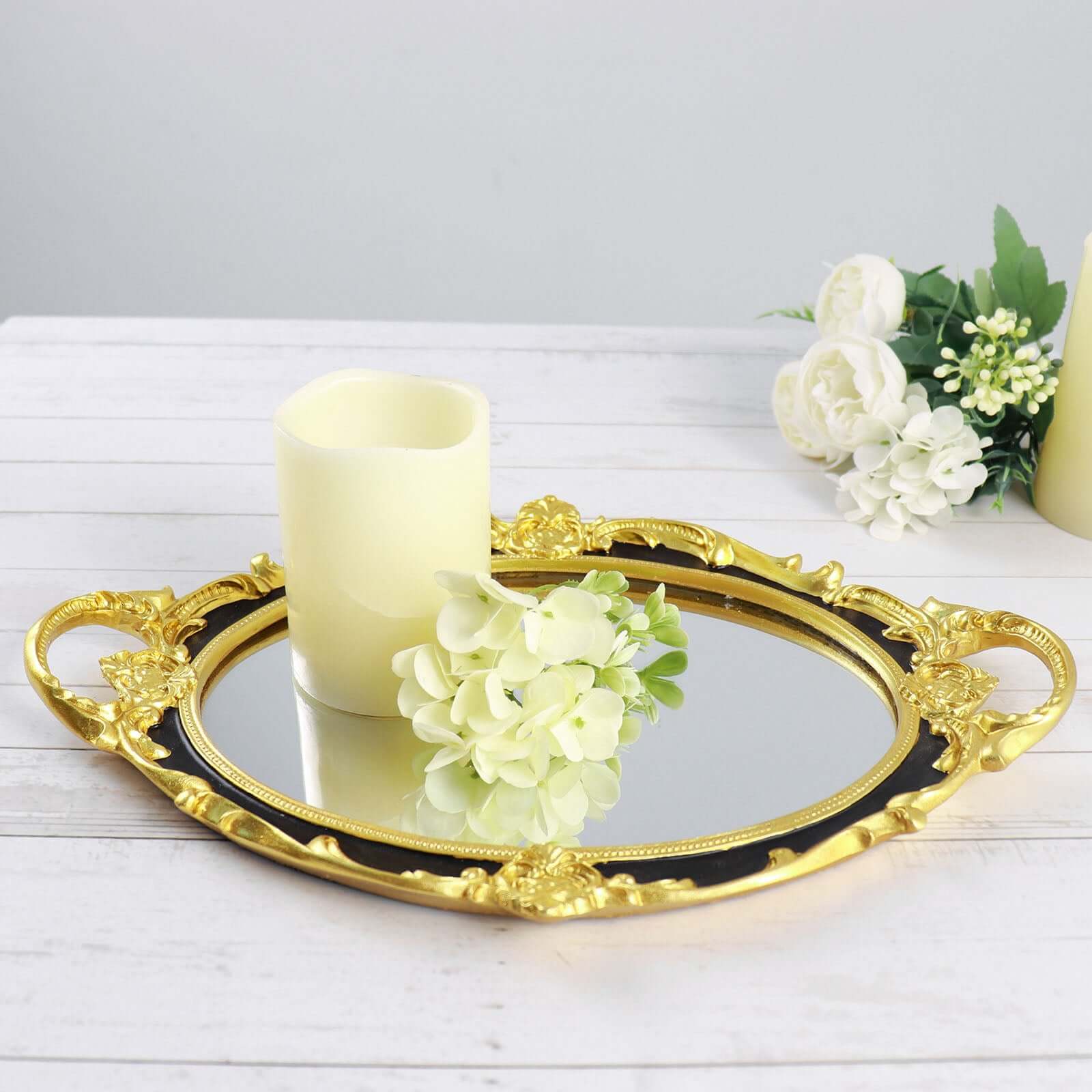 Resin Mirrored Vanity Oval Serving Tray 14"x10" in Black with Metallic Gold Baroque Design, Stylish Decorative Vanity Tray Centerpiece
