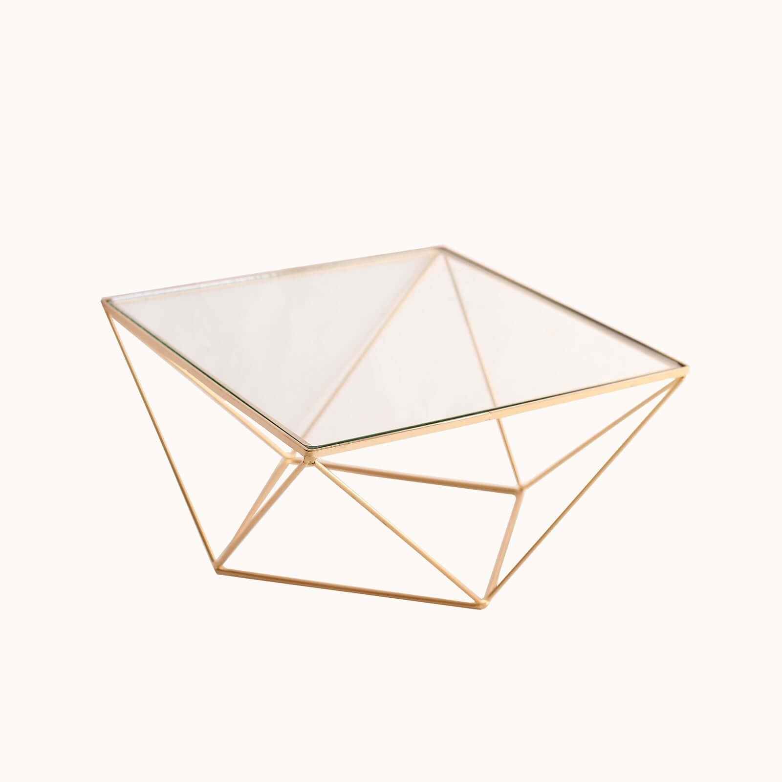 Metal Cake Stand Geometric Pedestal Riser Design Gold with Square Glass Top - Display Centerpiece 12"
