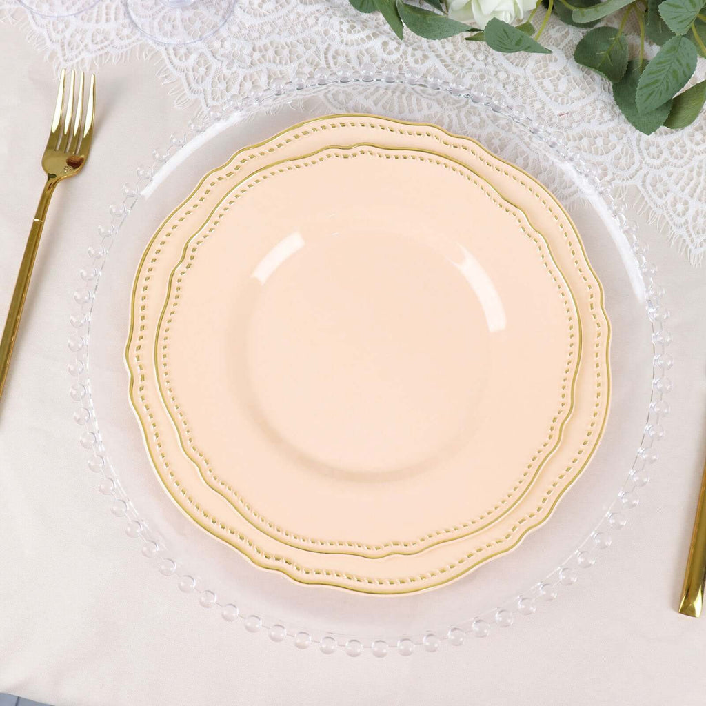 10-Pack Plastic 10" Dinner Plates in Nude with Gold Scalloped Rim - Disposable Large Party Plates