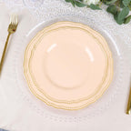 10-Pack Plastic 10" Dinner Plates in Nude with Gold Scalloped Rim - Disposable Large Party Plates