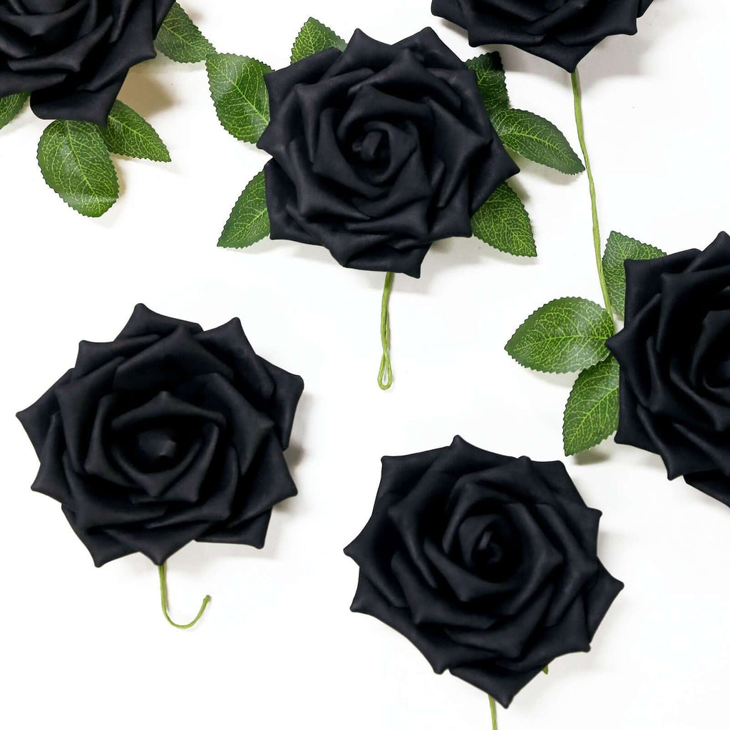 24 Roses 5" Black Artificial Foam Flowers With Stem Wire and Leaves