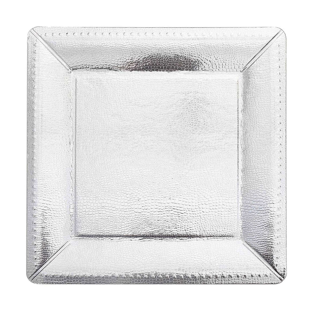 10-Pack Disposable Square Charger Plates in Silver with Leather Like Texture - 1100GSM Durable Paper Chargers 13"