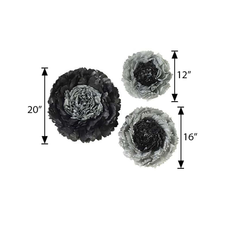 Set of 6 Charcoal Gray Giant Carnation 3D Paper Flowers Wall Decor - 12",16",20"