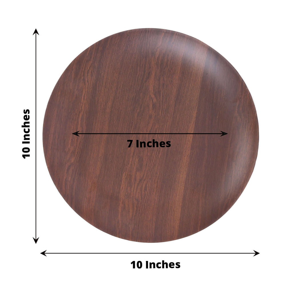 Pack of 6 Melamine 10" Round Dinner Plates in Brown Wood Grain Print - Disposable Shatterproof Party Plates for Rustic Farmhouse - Inspired Table Decor - Bell Racket Store