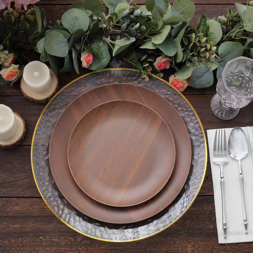 Pack of 6 Melamine 10" Round Dinner Plates in Brown Wood Grain Print - Disposable Shatterproof Party Plates for Rustic Farmhouse - Inspired Table Decor - Bell Racket Store