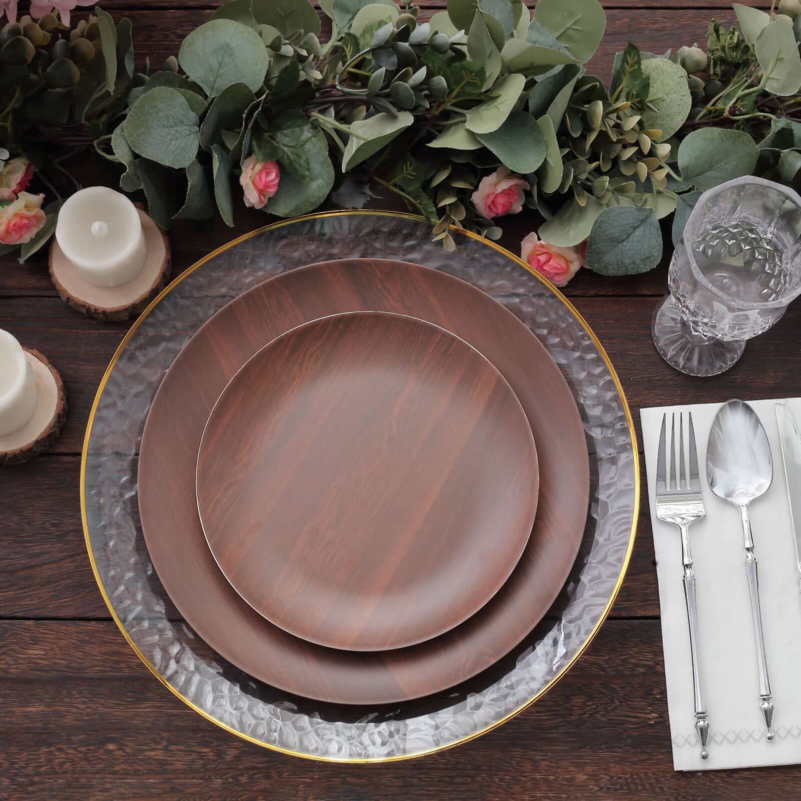 Pack of 6 Melamine 8" Round Dessert Plates in Brown Wood Grain Print - Disposable Shatterproof Appetizer Salad Plates for Rustic Farmhouse - Inspired Table Decor - Bell Racket Store