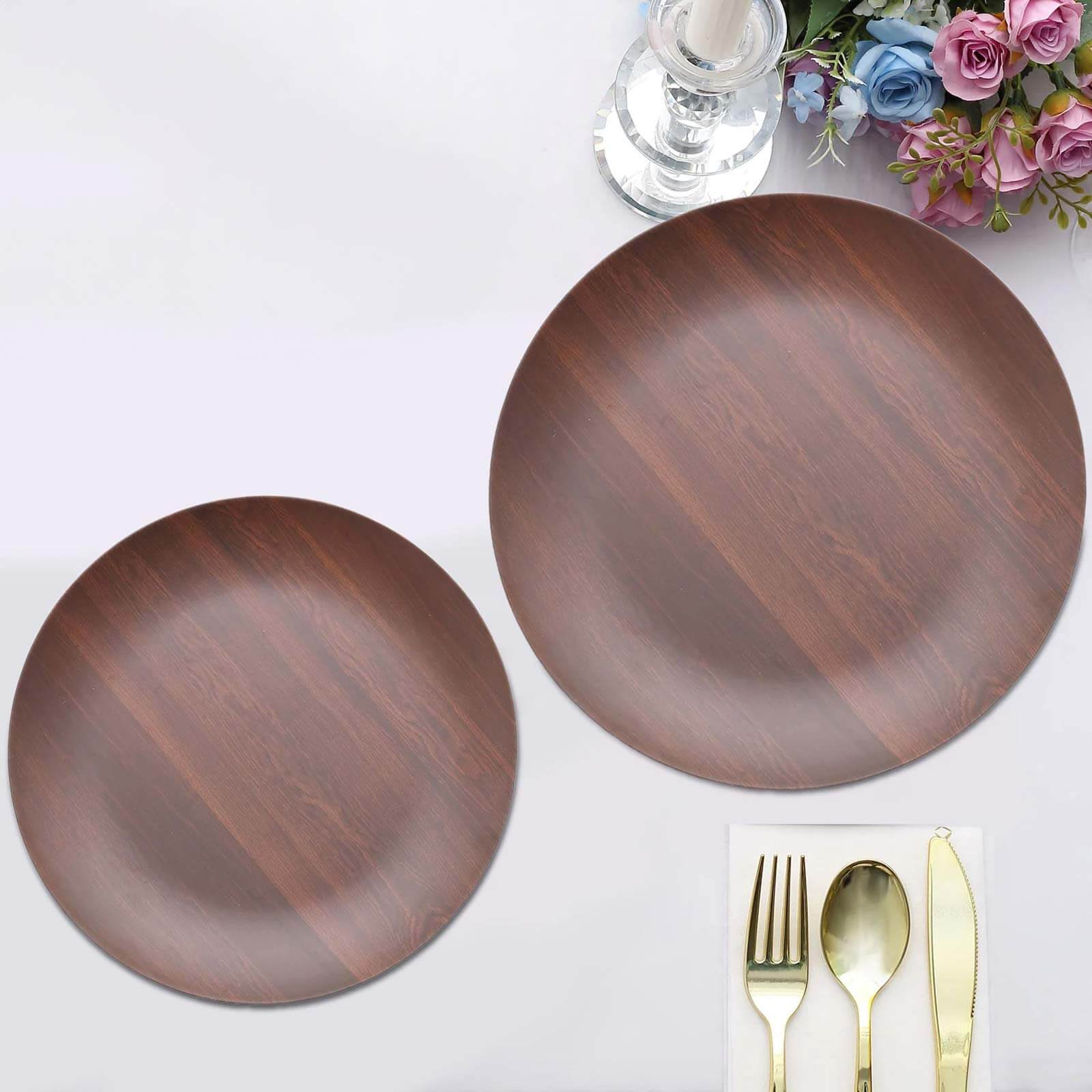 Pack of 6 Melamine 8" Round Dessert Plates in Brown Wood Grain Print - Disposable Shatterproof Appetizer Salad Plates for Rustic Farmhouse - Inspired Table Decor - Bell Racket Store