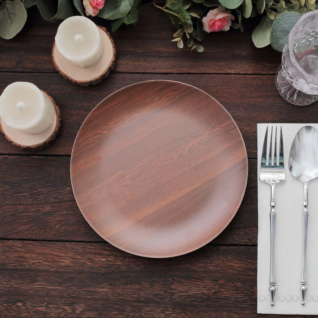 Pack of 6 Melamine 8" Round Dessert Plates in Brown Wood Grain Print - Disposable Shatterproof Appetizer Salad Plates for Rustic Farmhouse - Inspired Table Decor - Bell Racket Store