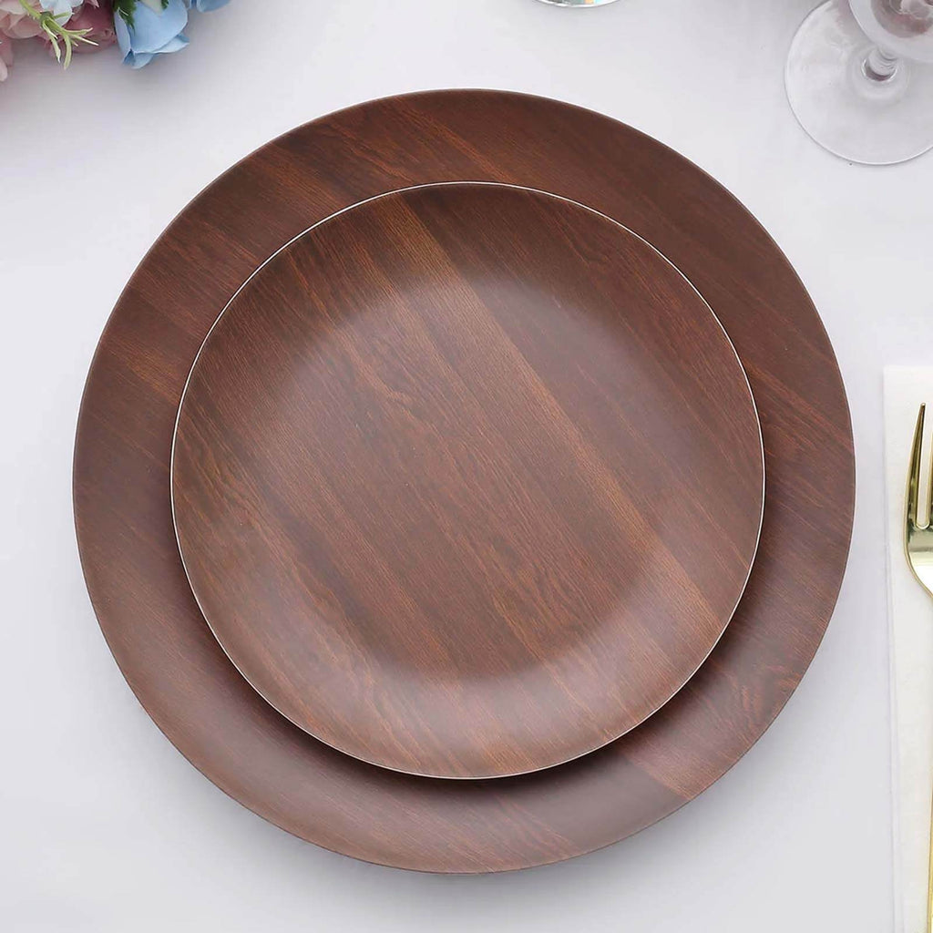 Pack of 6 Melamine 8" Round Dessert Plates in Brown Wood Grain Print - Disposable Shatterproof Appetizer Salad Plates for Rustic Farmhouse - Inspired Table Decor - Bell Racket Store