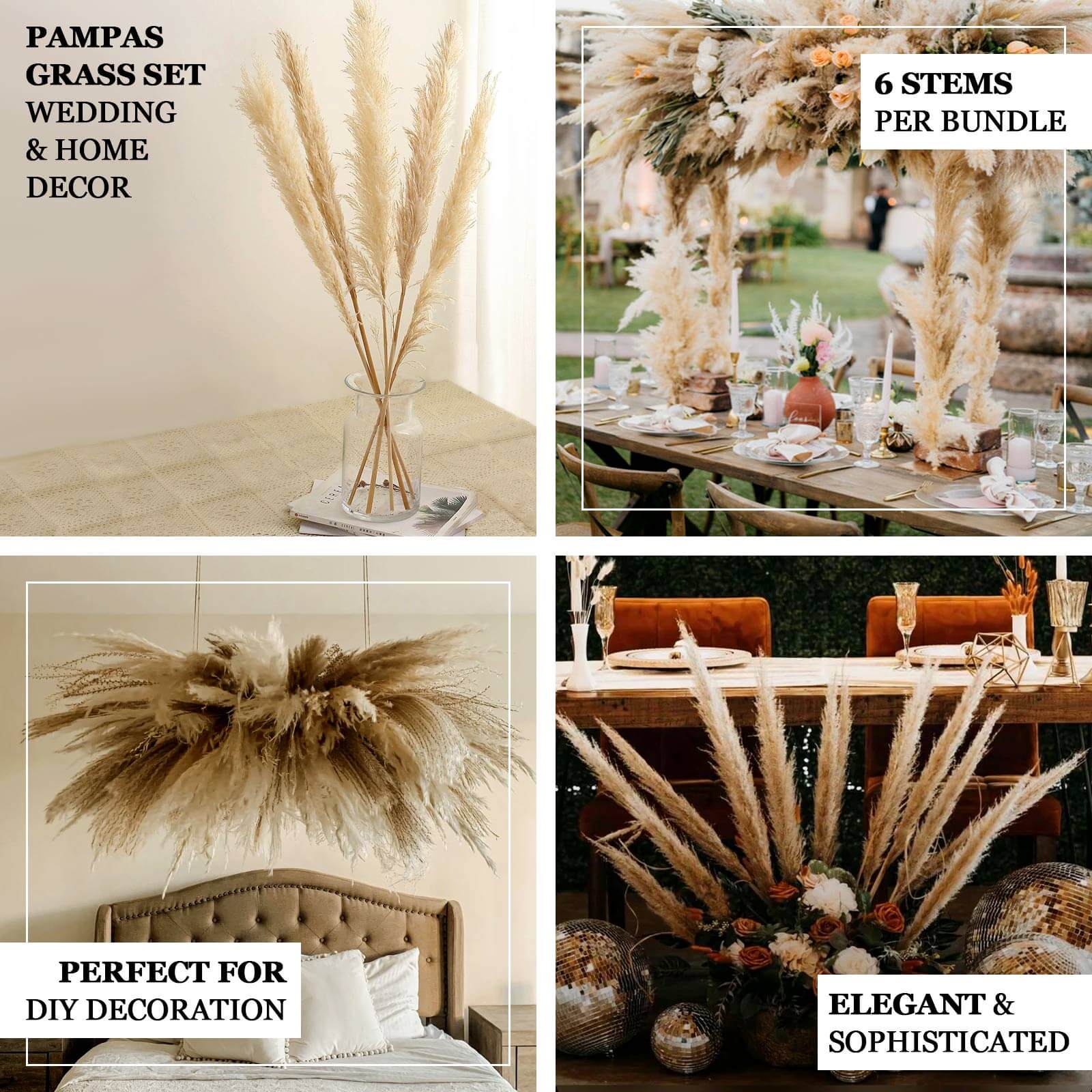 6 Stems Natural Dried Pampas Grass Decor Wheat Tint - Tall Plant Sprays for Boho Chic Vase Displays Backdrops & Event Styling 49"
