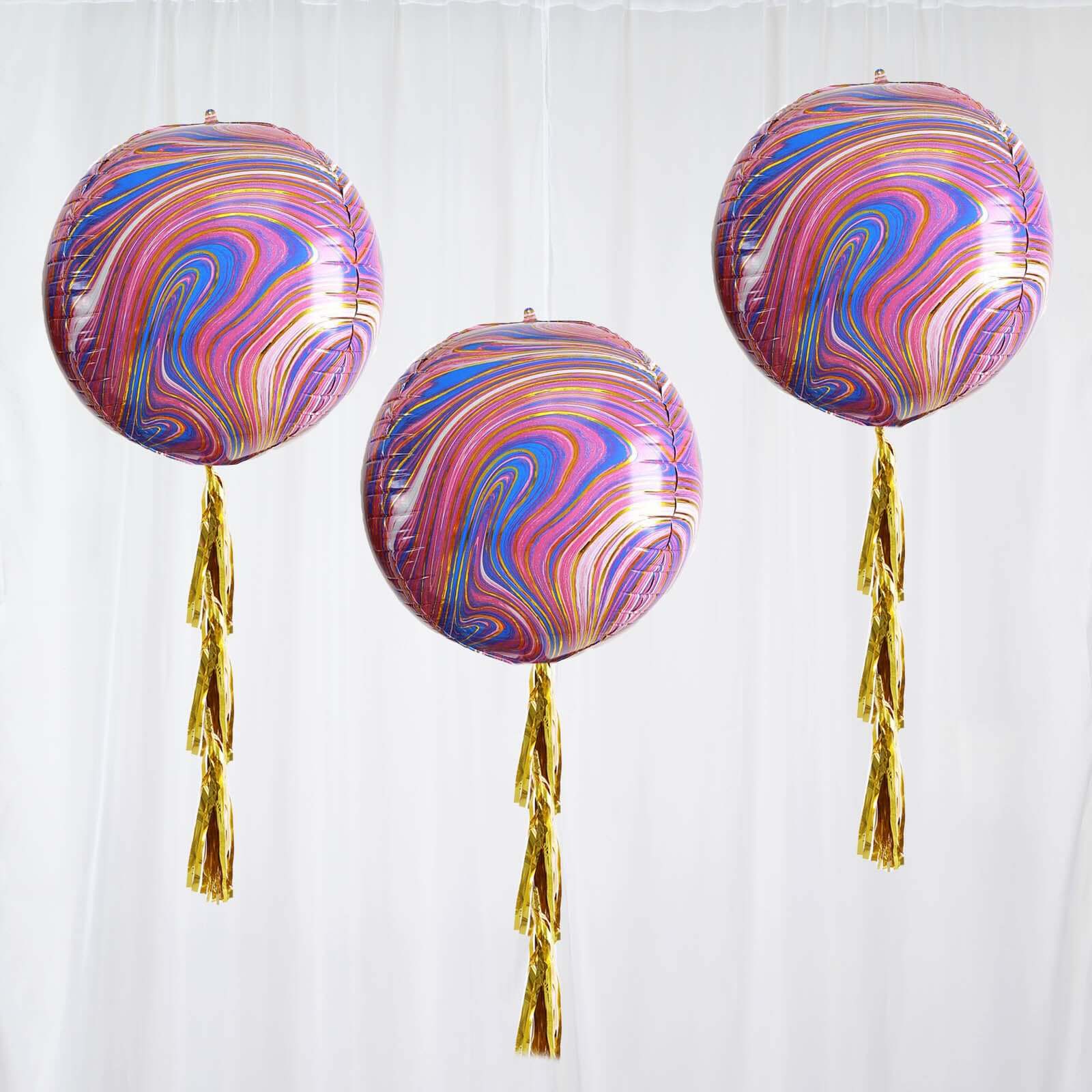 3 Pack 13" Purple Gold Marble Orbz Foil Balloons, 4D Sphere Mylar Balloons