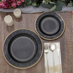 25-Pack Paper 10" Round Dinner Plates in Black Sunray Design with Gold Rim - Disposable Heavy Duty 350GSM Party Plates for Banquets & Celebrations