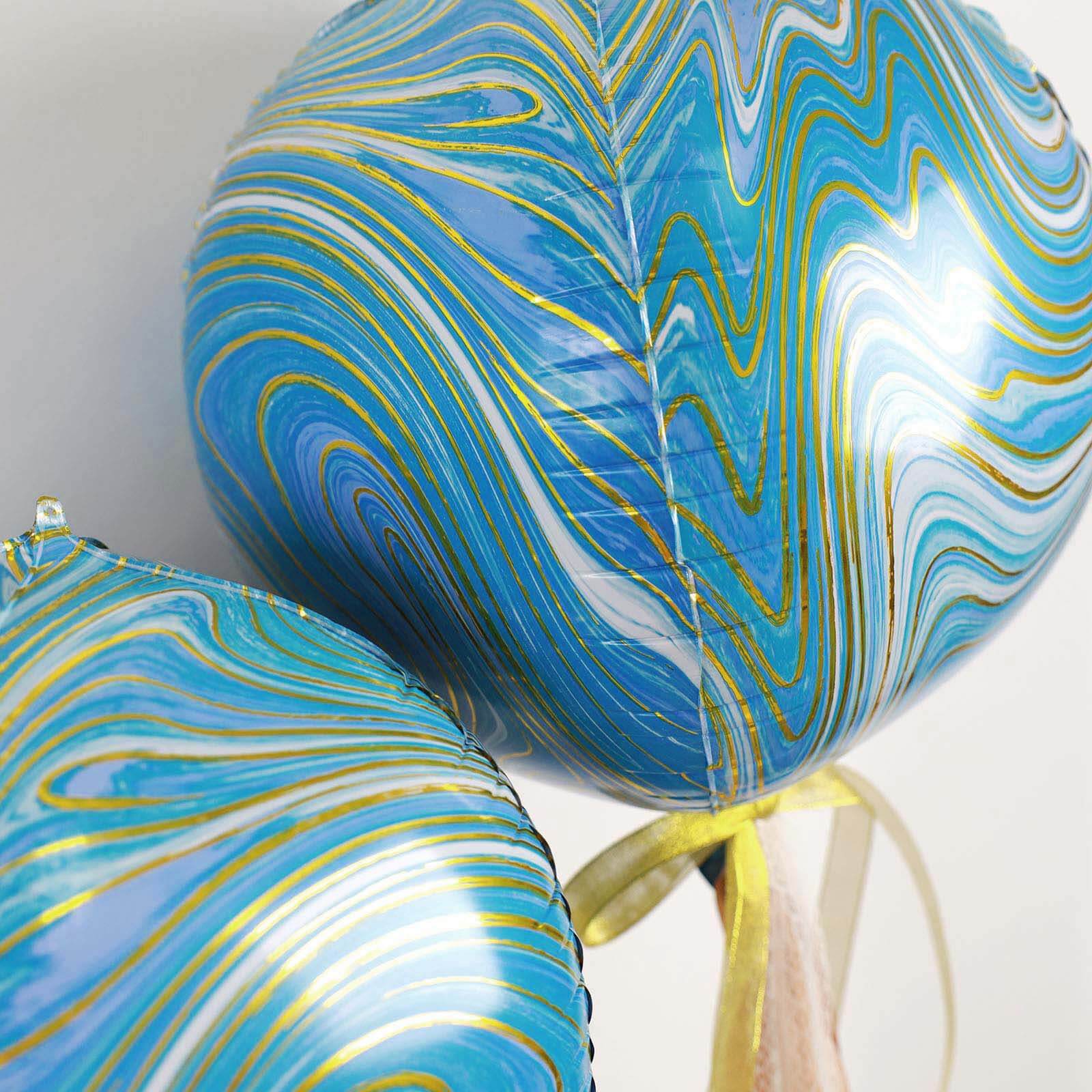 3 Pack 13" 4D Blue Gold Marble Sphere Foil Helium or Air Balloons