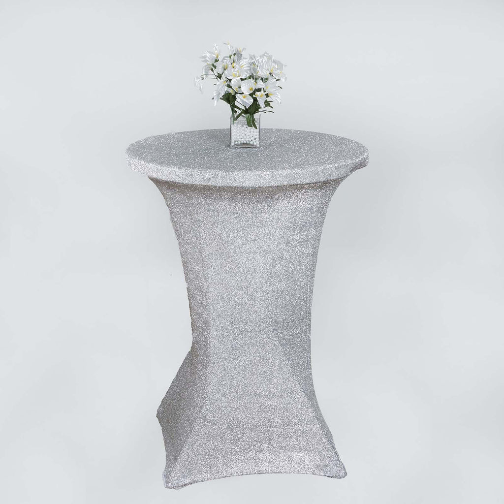 Metallic Spandex 36" Fitted Glitter Round Cocktail Table Cover Silver - Stretch Fit for High Top Tables