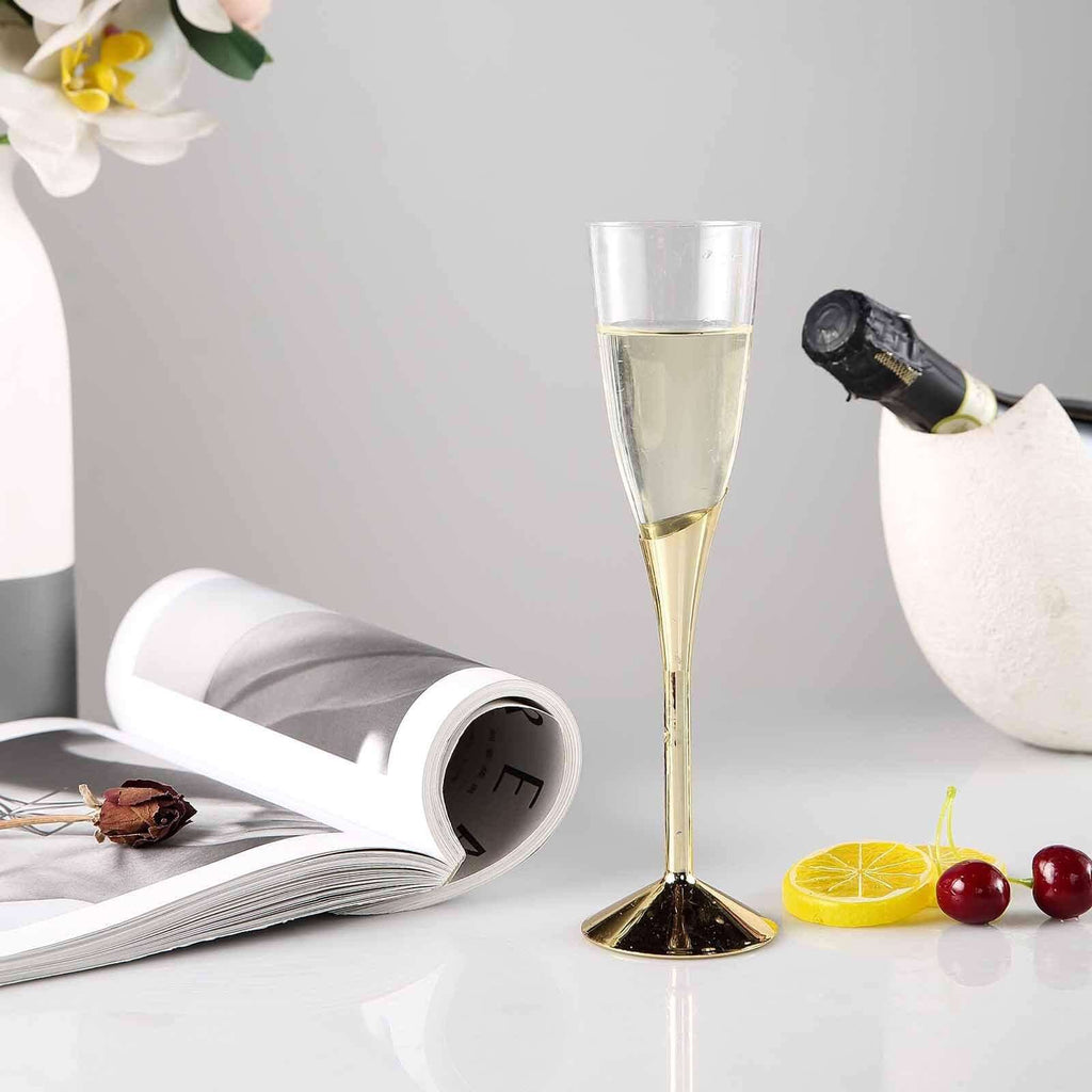 6-Pack Plastic Champagne Flutes Clear/Gold - Stylish Disposable Glasses for Toasts 5oz