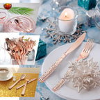24-Pack Plastic Silverware Set with Hammered Design Rose Gold - Heavy Duty Disposable Utensils 7"