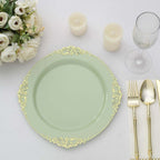 10-Pack Plastic 10" Round Dinner Plates in Sage Green with Gold Leaf Embossed Rim - Disposable Vintage Baroque Style Plates