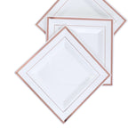 10-Pack Plastic Dinner Plates White Square with Rose Gold Trim - Lightweight Disposable Plates for Events 10"