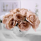 12" Dusty Rose Artificial Velvet-Like Fabric Rose Flower Bouquet Bush