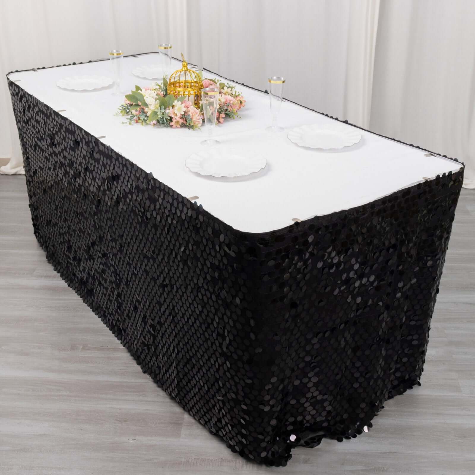 Payette Sequin 21ft Table Skirt Black - Dual Layered Satin Table Cover - Bell Racket Store