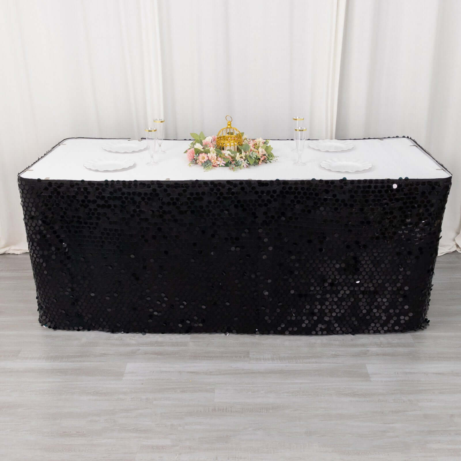 Payette Sequin 21ft Table Skirt Black - Dual Layered Satin Table Cover - Bell Racket Store