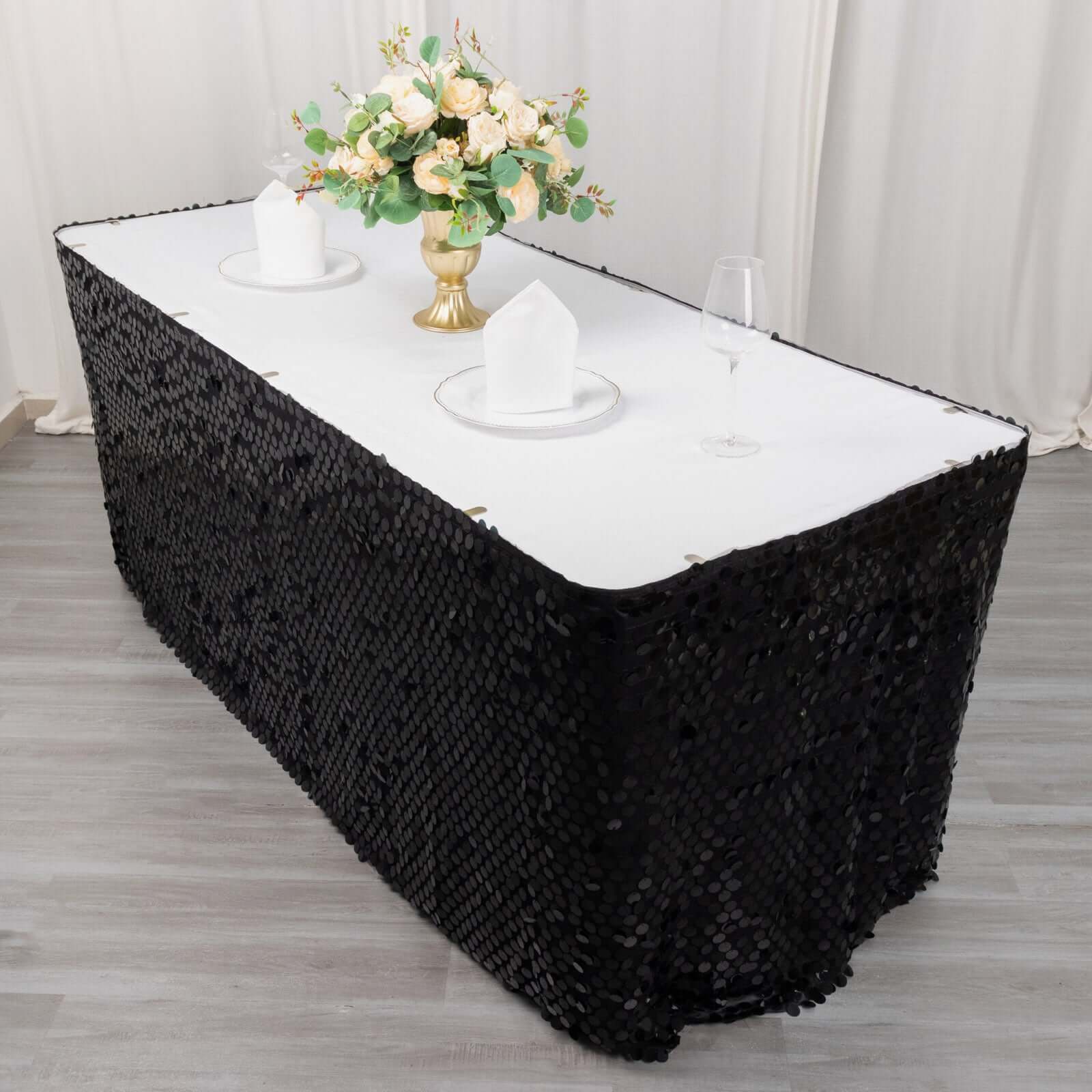 Payette Sequin 21ft Table Skirt Black - Dual Layered Satin Table Cover - Bell Racket Store