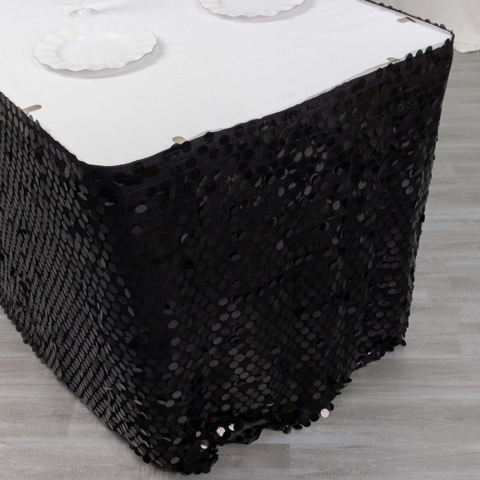 Payette Sequin 21ft Table Skirt Black - Dual Layered Satin Table Cover - Bell Racket Store