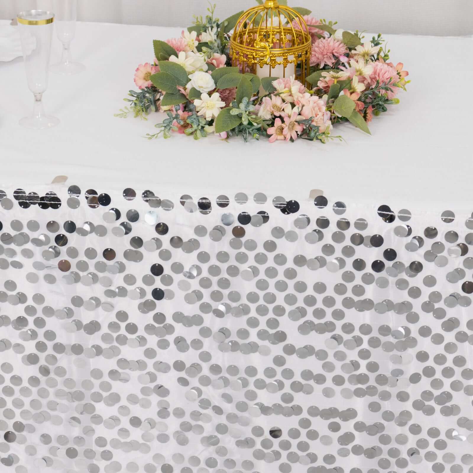 Payette Sequin 21ft Table Skirt Silver - Dual Layered Satin Table Cover - Bell Racket Store