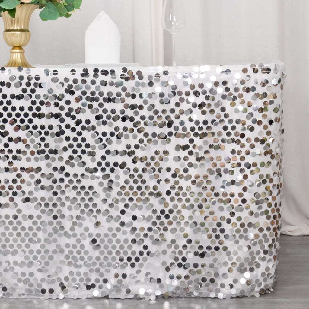 Payette Sequin 21ft Table Skirt Silver - Dual Layered Satin Table Cover - Bell Racket Store
