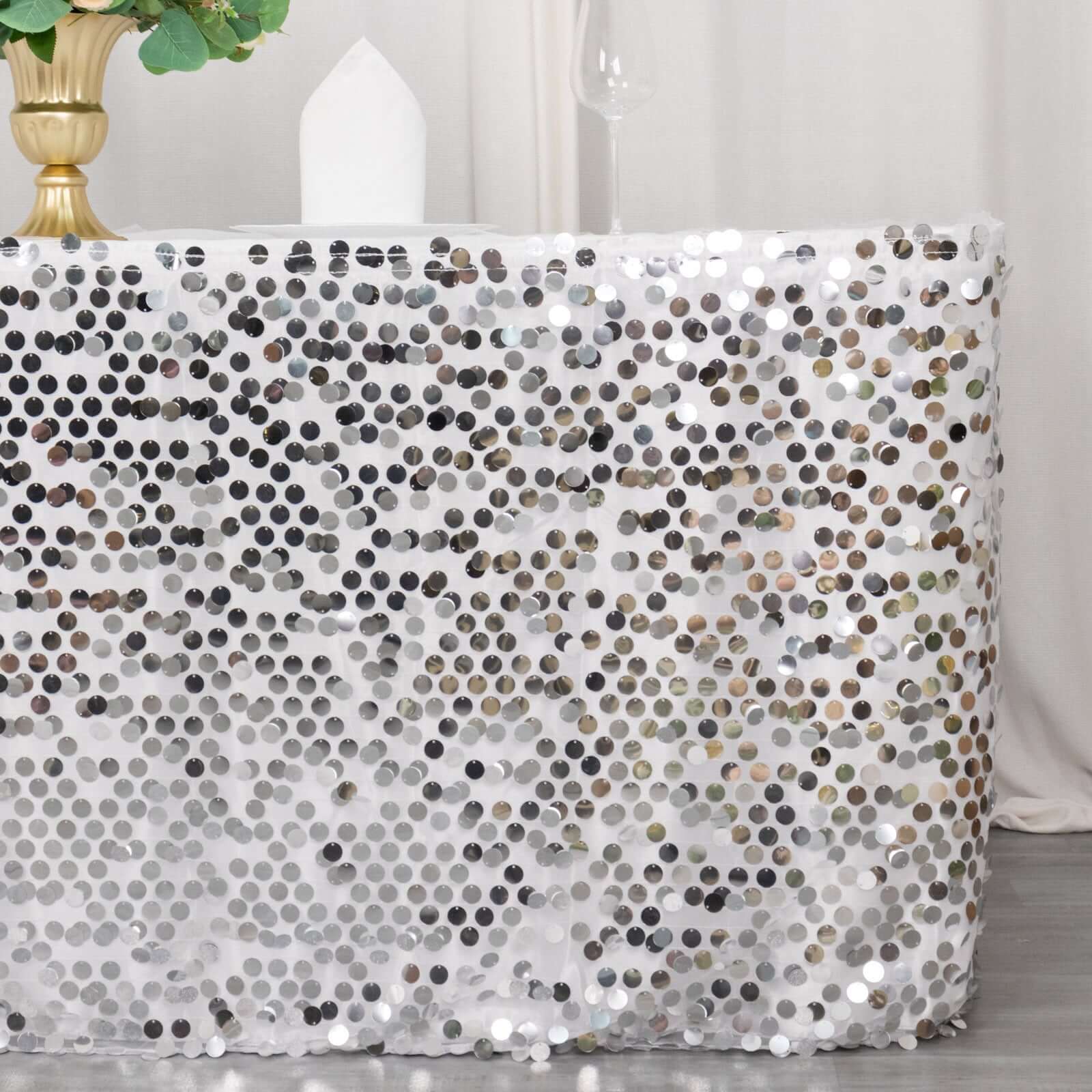 Payette Sequin 21ft Table Skirt Silver - Dual Layered Satin Table Cover - Bell Racket Store