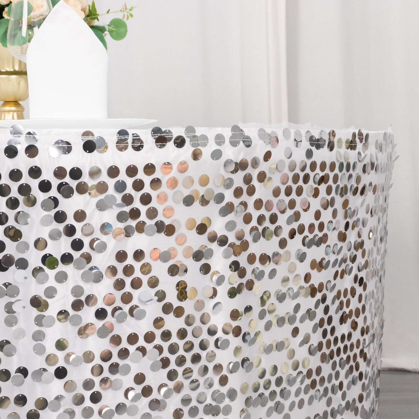 Payette Sequin 21ft Table Skirt Silver - Dual Layered Satin Table Cover - Bell Racket Store