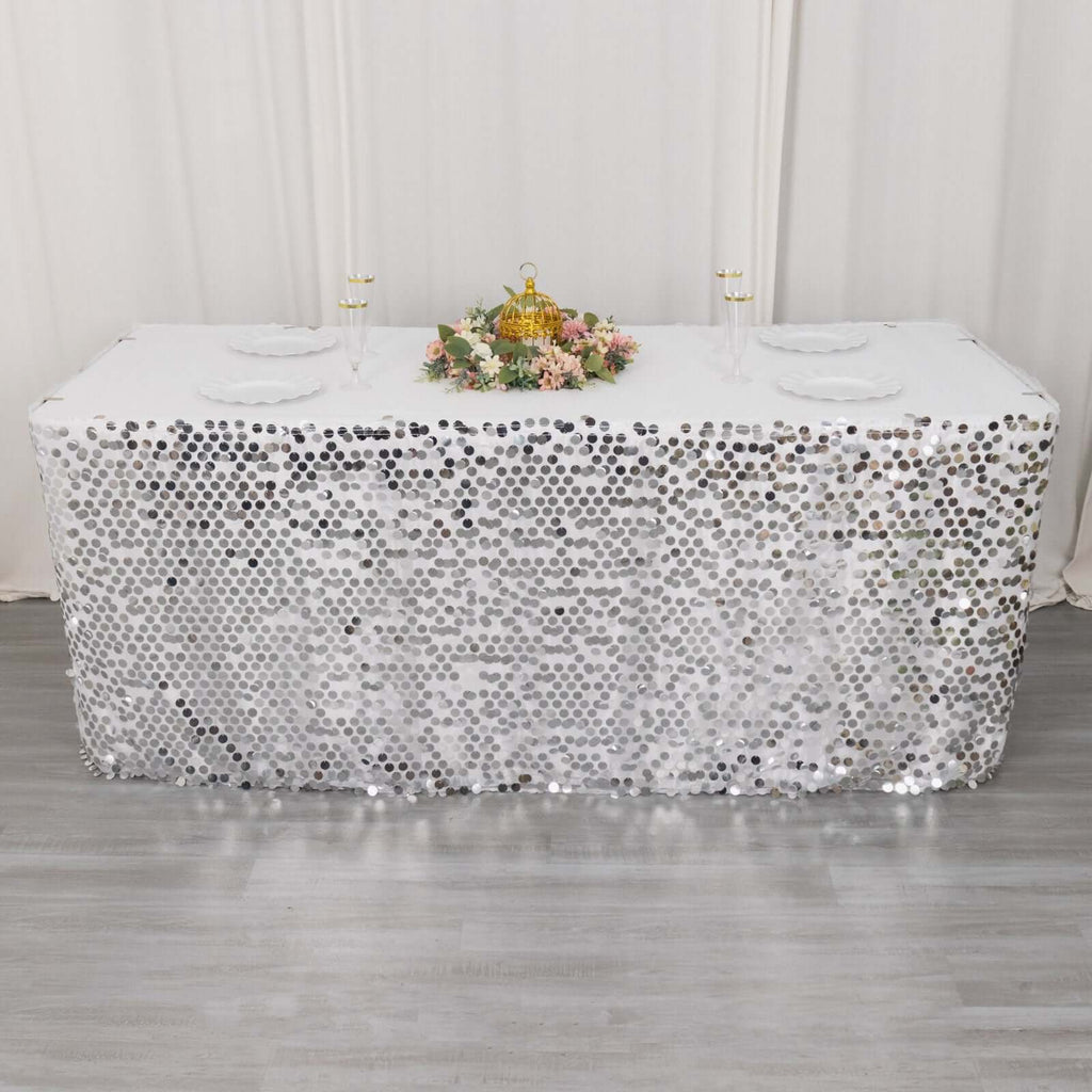 Payette Sequin 21ft Table Skirt Silver - Dual Layered Satin Table Cover - Bell Racket Store