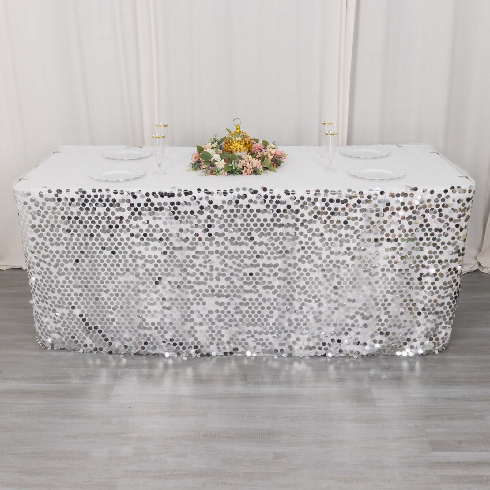 Payette Sequin 21ft Table Skirt Silver - Dual Layered Satin Table Cover - Bell Racket Store