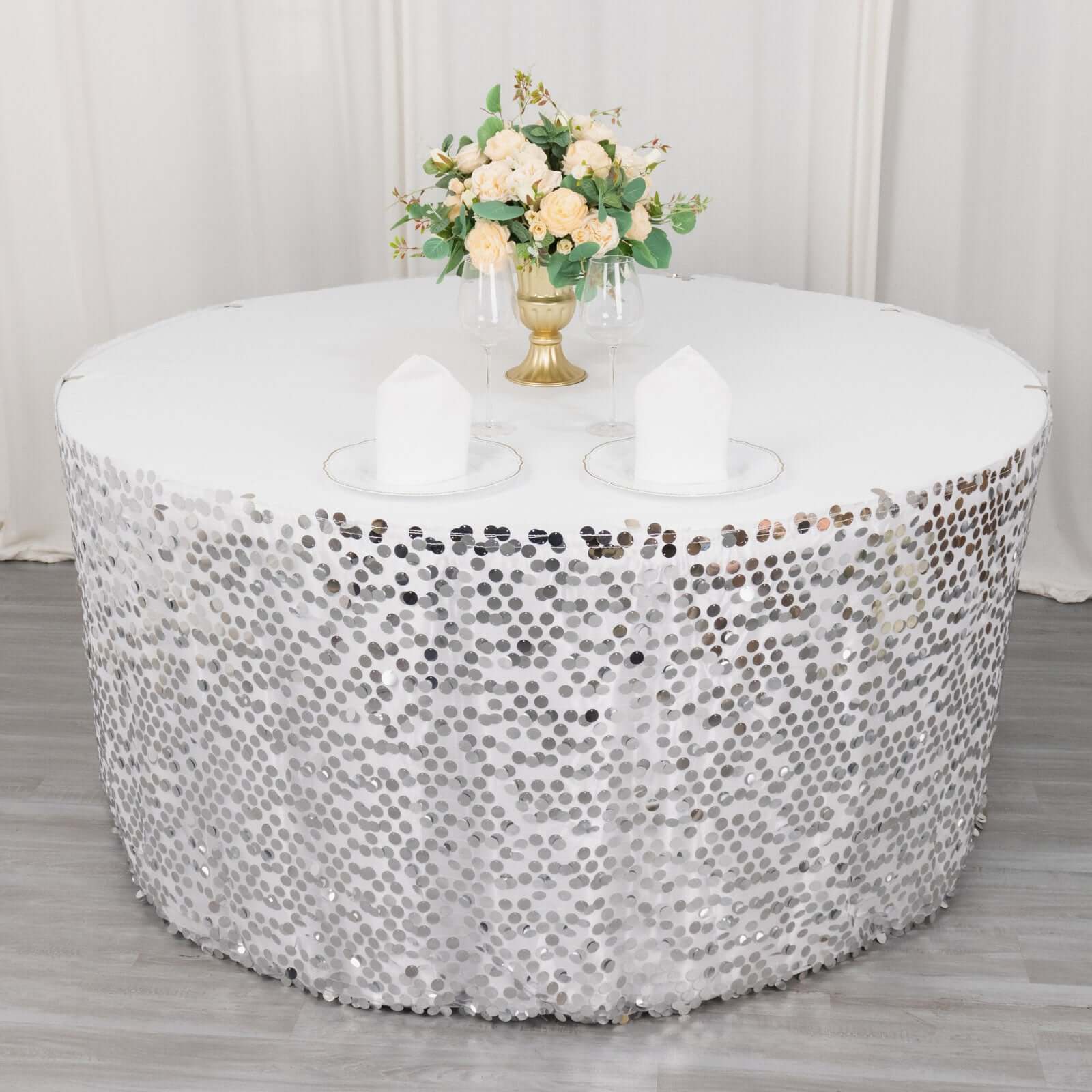Payette Sequin 21ft Table Skirt Silver - Dual Layered Satin Table Cover - Bell Racket Store