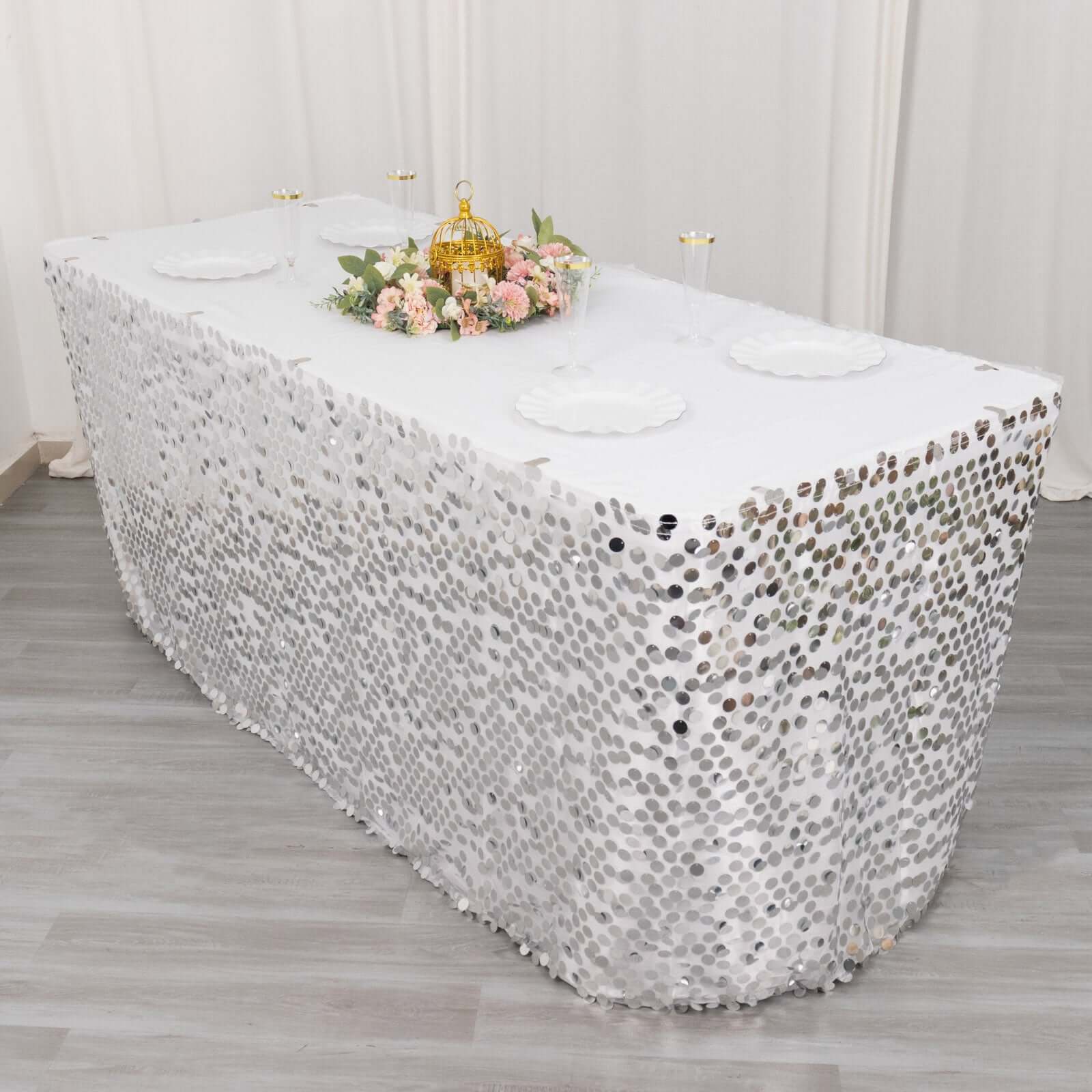 Payette Sequin 21ft Table Skirt Silver - Dual Layered Satin Table Cover - Bell Racket Store